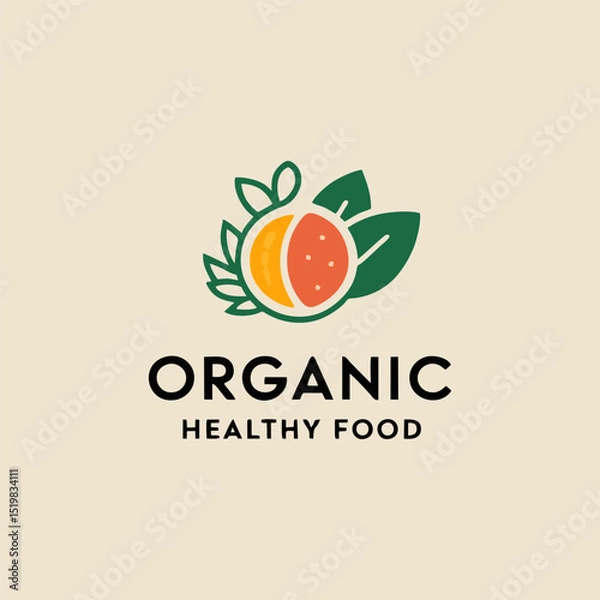 Obraz A playful organic food logo design depicting cheerful fruits and vegetables in a circular layout, promoting nutrition and a sense of community in a fun and engaging manner.