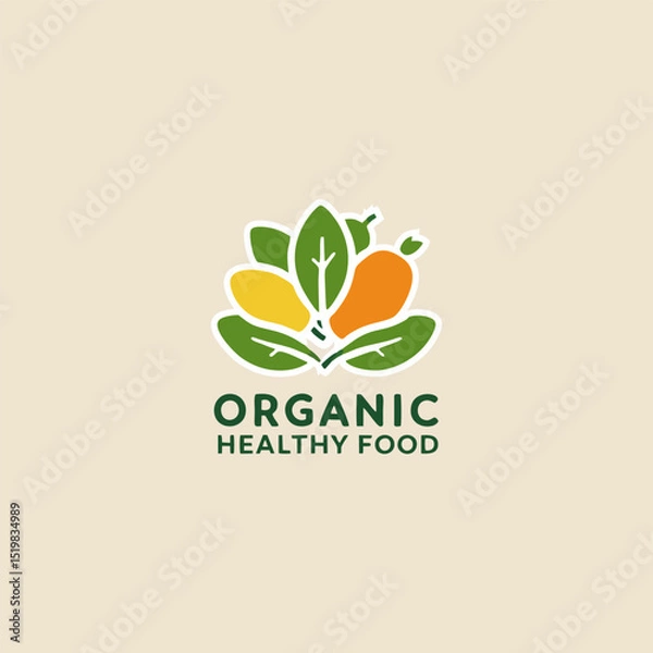 Obraz A vibrant organic healthy food logo depicting a colorful assortment of fresh fruits and vegetables, symbolizing health and sustainability in an eye-catching design.