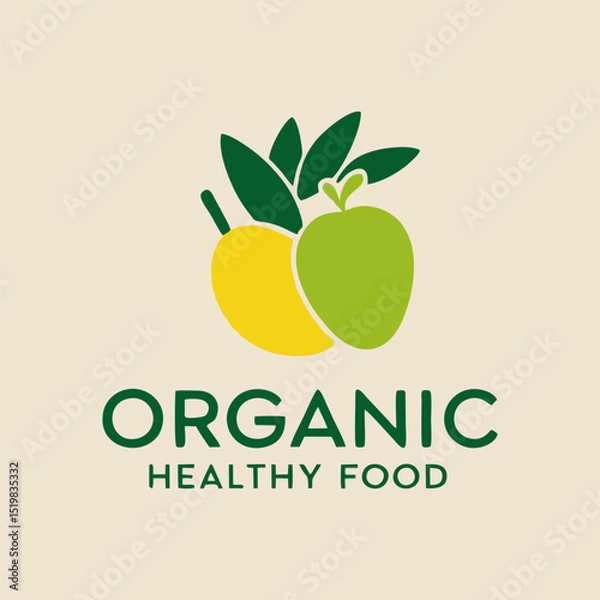 Obraz A vibrant organic healthy food logo featuring an artistic arrangement of fresh fruits and vegetables, symbolizing health and sustainability in a modern and appealing design.