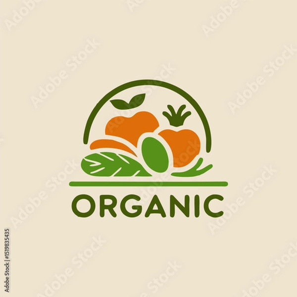 Obraz A minimalist organic food logo highlighting a simple green leaf alongside fresh produce, emphasizing purity and natural ingredients in a sleek and contemporary manner.