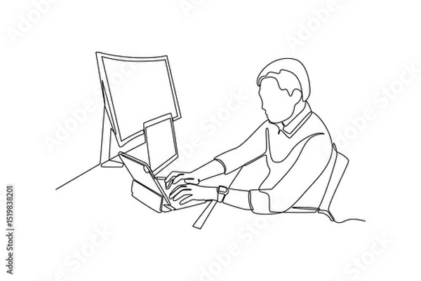 Obraz Continuous line drawing of businessman working on computer and tablet