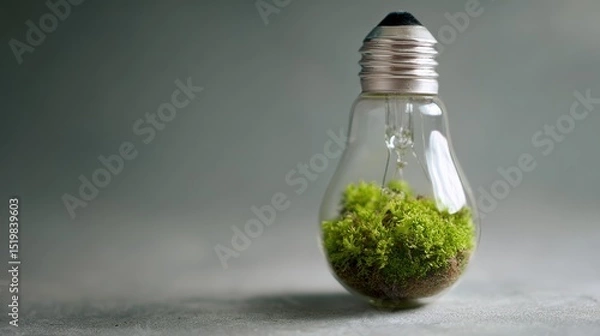 Fototapeta A clear lightbulb filled with soil and green moss represents an eco-friendly and sustainable energy concept.