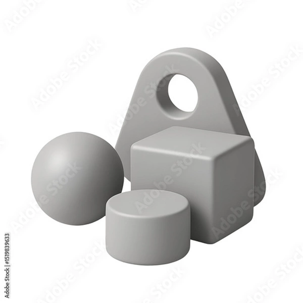 Fototapeta Grey 3D shapes sphere, cube, cylinder, and irregular form