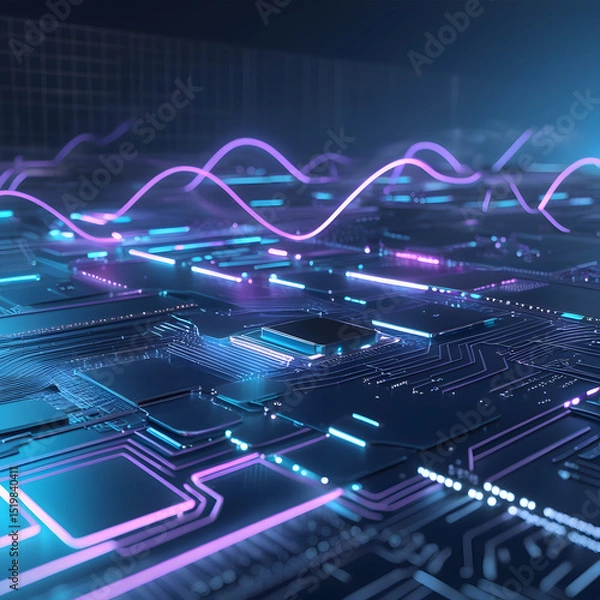 Obraz Abstract blue technology background with fiber optics and digital circuit patterns