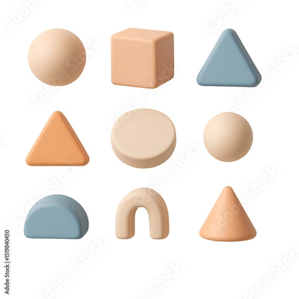Fototapeta Nine pastel-colored 3D shapes sphere, cube, triangle, cone, and others