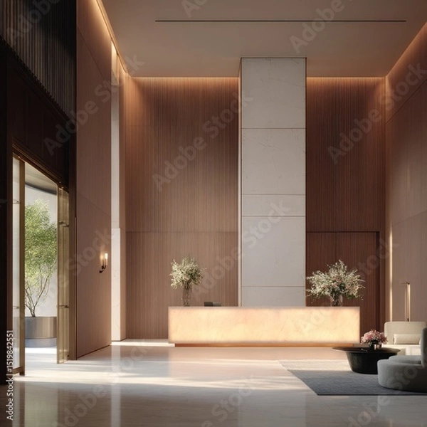 Fototapeta Modern Lobby with Elegant Reception Desk and Cozy Atmosphere