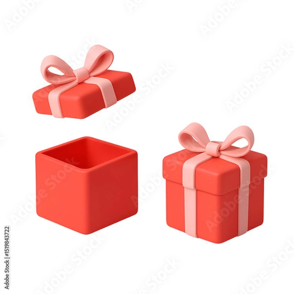 Fototapeta Two coral-colored gift boxes, one open, one closed, both adorned with pink ribbons