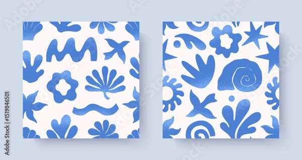 Fototapeta Summer tropical seamless patterns with hand drawn nature organic elements:palm,sun,coral,seashell,bird,wave.Trendy backgrounds for banners,smm,branding,textile,covers,prints.Summer vacation aesthetic