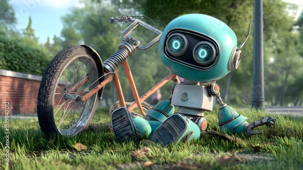 Obraz 3d Cartoon of a clumsy robot learning to ride bicycle