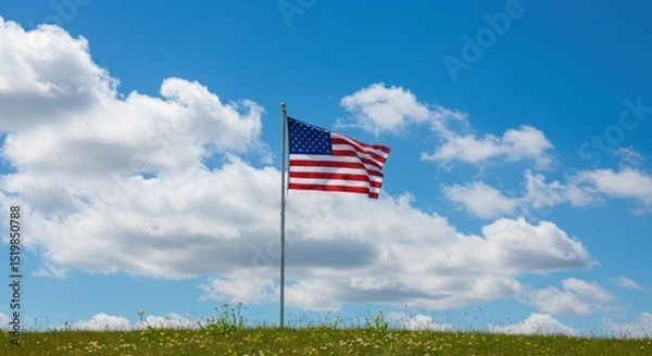 Fototapeta American flag waving in a field under a partly cloudy sky