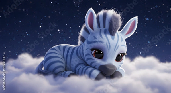 Fototapeta A whimsical, dreamy scene unfolds as a cute, animated zebra cub reclines amidst fluffy clouds beneath a starlit night sky.