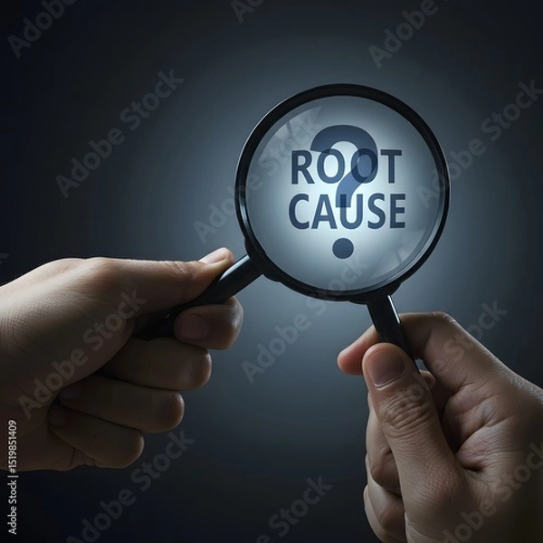 Fototapeta Two Hands Holding Magnifying Glass Showing Root Cause Analysis