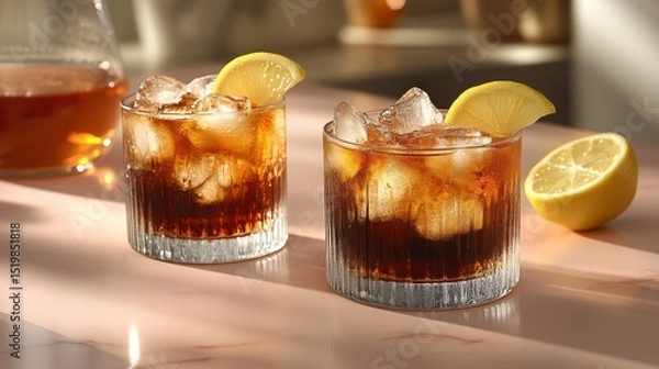 Fototapeta Two chilled, dark drinks with lemon slices, garnished with ice, sit on a pale pink surface