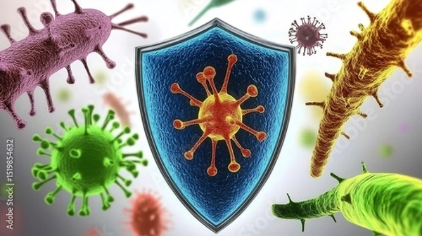 Fototapeta cancer and risk concept. Virus illustration with a shield, representing protection against pathogens.