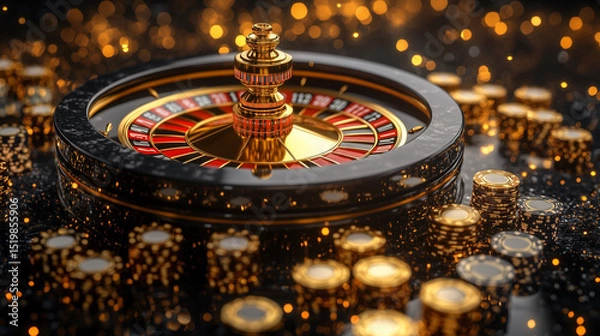 Obraz The luxurious roulette wheel, surrounded by gold and black chips and illuminated by glittering lights, creates an atmosphere of wealth, excitement and elegance of the casino.