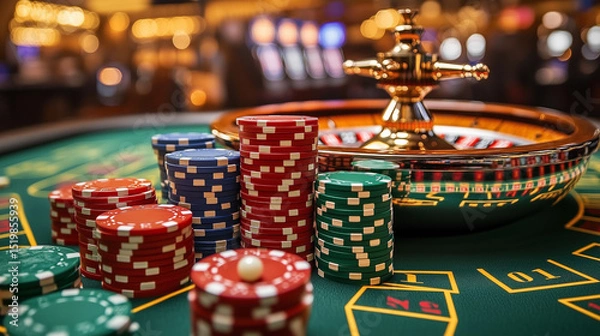 Obraz Roulette in a casino with neatly arranged stacks of colored chips on a green gaming table creates an atmosphere of excitement