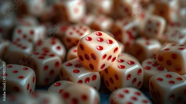 Obraz Close-up of many dice with red dots lying in disarray, with one standing out in the center