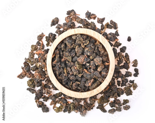Obraz Chinese oolong tea TieGuanYin is isolated on white background. Top view
