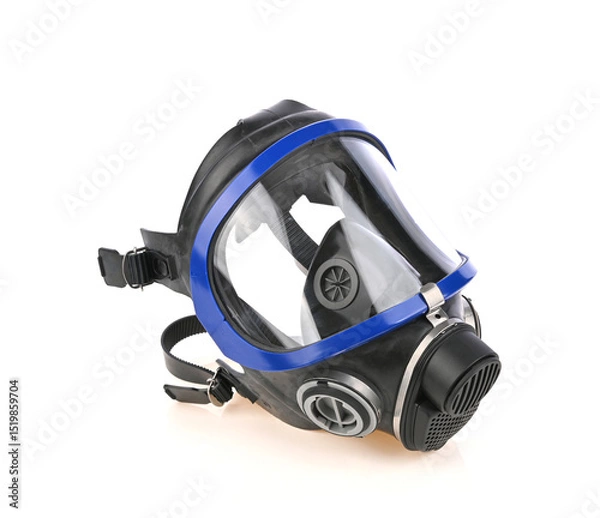 Obraz Black gas mask with blue border, chemical protection mask no filter, isolated on white background.