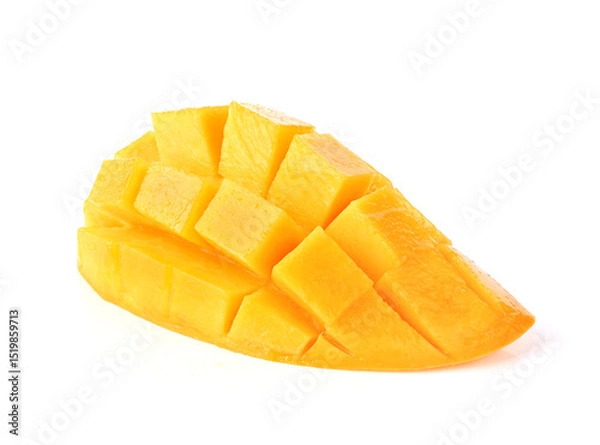 Obraz Mango slice cut to cubes isolated on white background