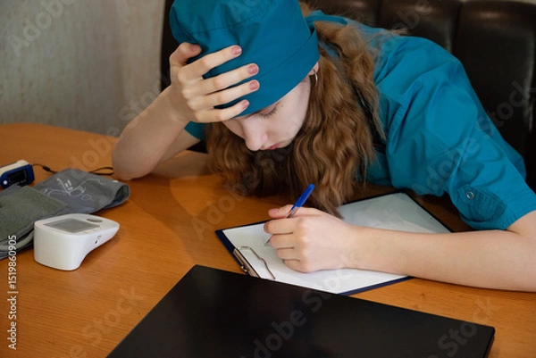 Obraz Medical student studies diligently while feeling overwhelmed at a desk in a quiet study space
