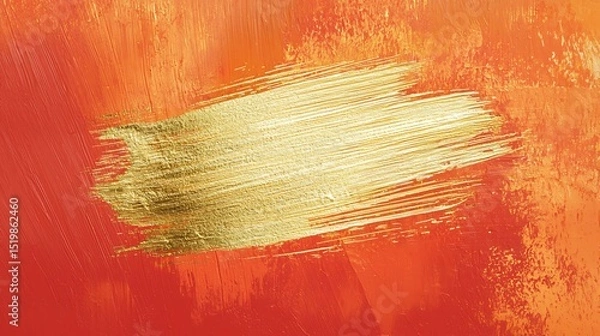 Obraz A radiant central gold brush stroke on a deep tangerine background, shimmering and bold for a high-contrast look.