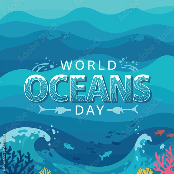 Fototapeta world oceans day concept illustration, World oceans day design with underwater sea, sharks, corals, sea plants, stingrays and turtles on a blue background.