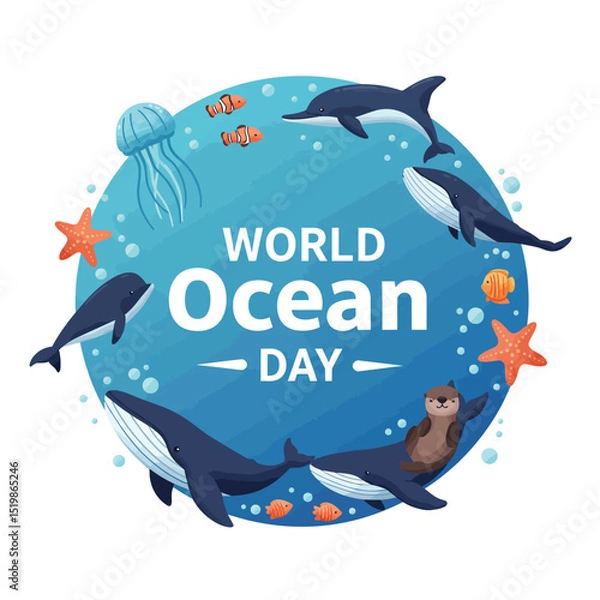 Fototapeta world oceans day concept illustration, World oceans day design with underwater sea, sharks, corals, sea plants, stingrays and turtles on a blue background.
