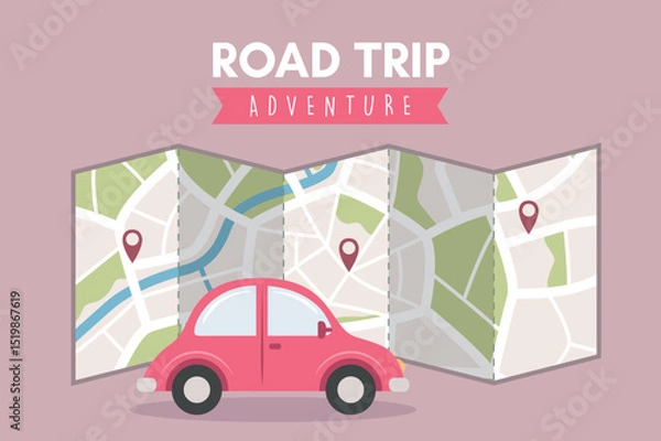 Obraz road trip adventure travel concept with car and street map vector illustration