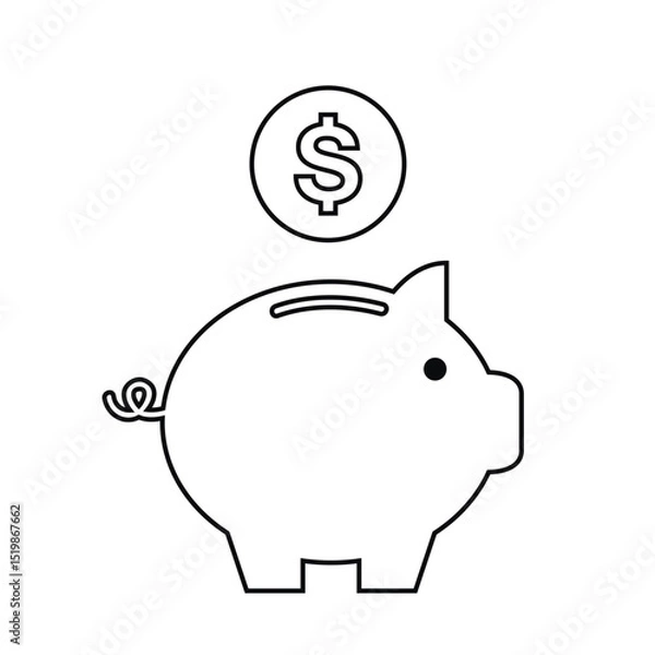 Obraz piggy bank with dollar coin outline isolated vector illustration