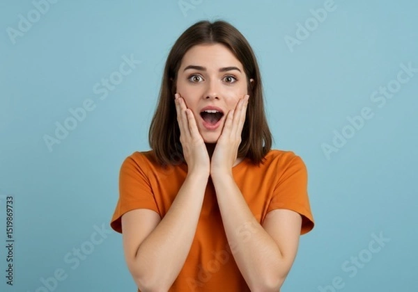 Fototapeta Surprised woman expressing shock with open mouth on solid color backdrop