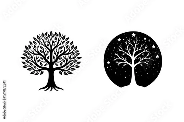 Fototapeta Two stylized black and white tree illustrations symbolizing day and night concepts