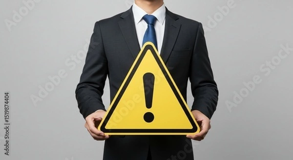 Fototapeta Businessman holds warning sign for risk assessment, threat prevention or danger