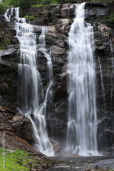 Fototapeta Vertical photo with a view of Skjervefossen waterfall at sunset near Bergen in Norway