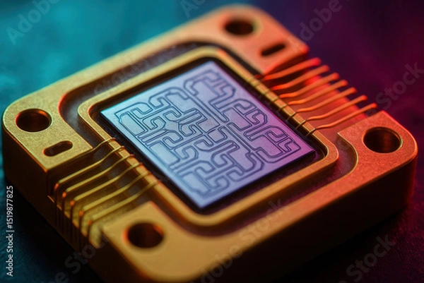 Obraz Macro View of Quantum Computing Superconducting Chip with Neon Highlights