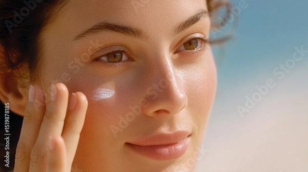 Fototapeta A close-up of a woman applying skincare on her face in a serene outdoor setting. The image captures natural beauty, glowing skin, and a refreshing vibe. Perfect for wellness and beauty themes. AI
