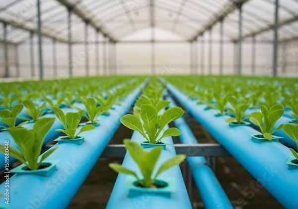 Fototapeta Lettuce sprouts grow in an indoor hydroponic system with a blurred background