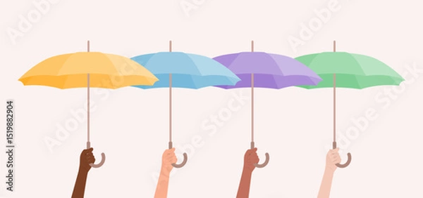Fototapeta Hands of different skin tones holding up colorful umbrellas. Flat vector illustration