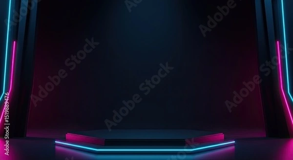 Fototapeta Futuristic empty stage with neon blue and pink lights, dark background, modern sci-fi podium for presentations or shows