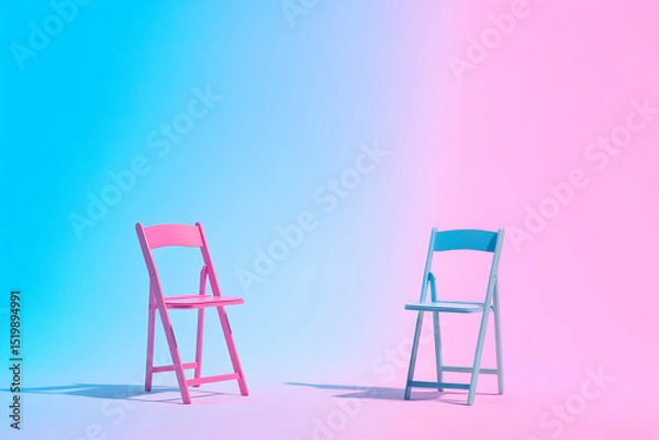Obraz Pastel Pink and Blue Folding Chairs on Gradient Background: A Minimalist 3D Render