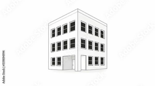 Fototapeta Simple 3D Illustration of a Multi-Story Building with Many Windows and a Ground Floor Entrance, Showing Architectural Design