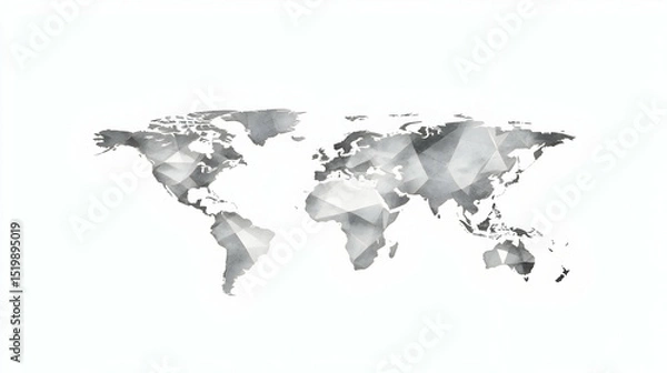 Obraz Abstract Low-Poly World Map Illustration in grayscale, showcasing global interconnectedness with a textured artistic background design, perfect for travel or geography themed projects.