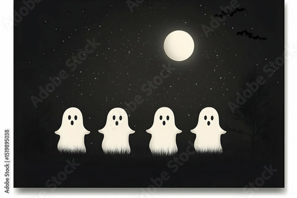 Obraz Four Friendly Ghosts Stand in Grass Under a Full Moon and Starry Night Halloween Illustration
