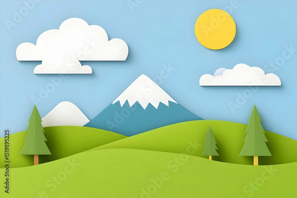 Obraz Paper Craft Landscape: Mountains, Trees, and Clouds Under a Sunny Sky