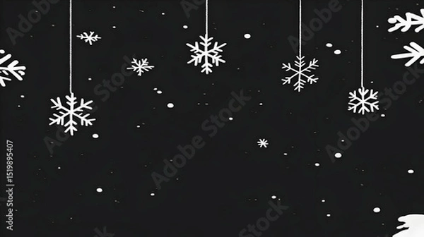 Obraz Abstract Dark Background with Hanging White Snowflakes and Falling Snow, Winter Holiday Illustration