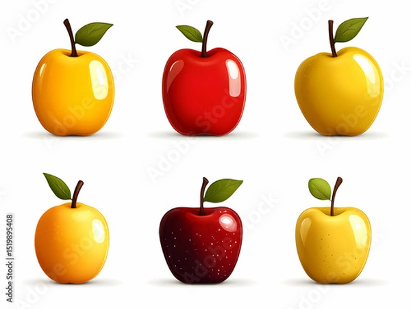 Obraz Shiny Red and Yellow Apples Digital Illustration: A Collection of Six Glossy Fruit Images with Leaves, Isolated on White Background