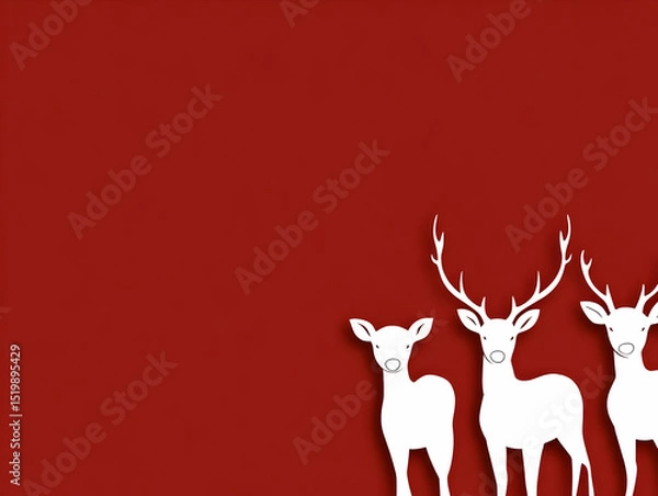 Obraz Three White Deer Silhouettes on a Red Background: A Festive Papercut Illustration Design