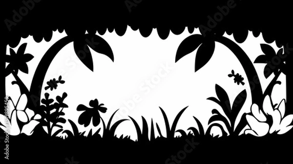 Obraz Black and White Silhouette Illustration of Lush Tropical Jungle Scene with Palm Trees and Flowers, Ideal as a Background Design
