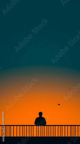 Obraz Silhouette of a Person Watching Sunset from a Balcony, with a Bird Flying