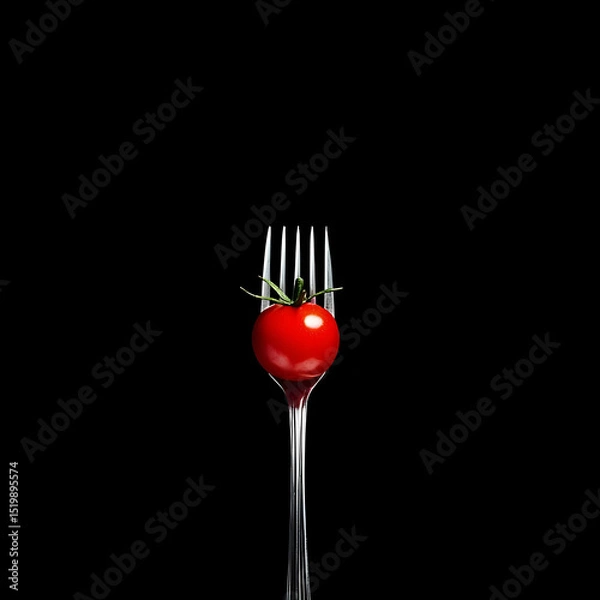 Obraz A Single Red Cherry Tomato Balanced on a Fork Against a Black Background: A Minimalist Food Photography Image